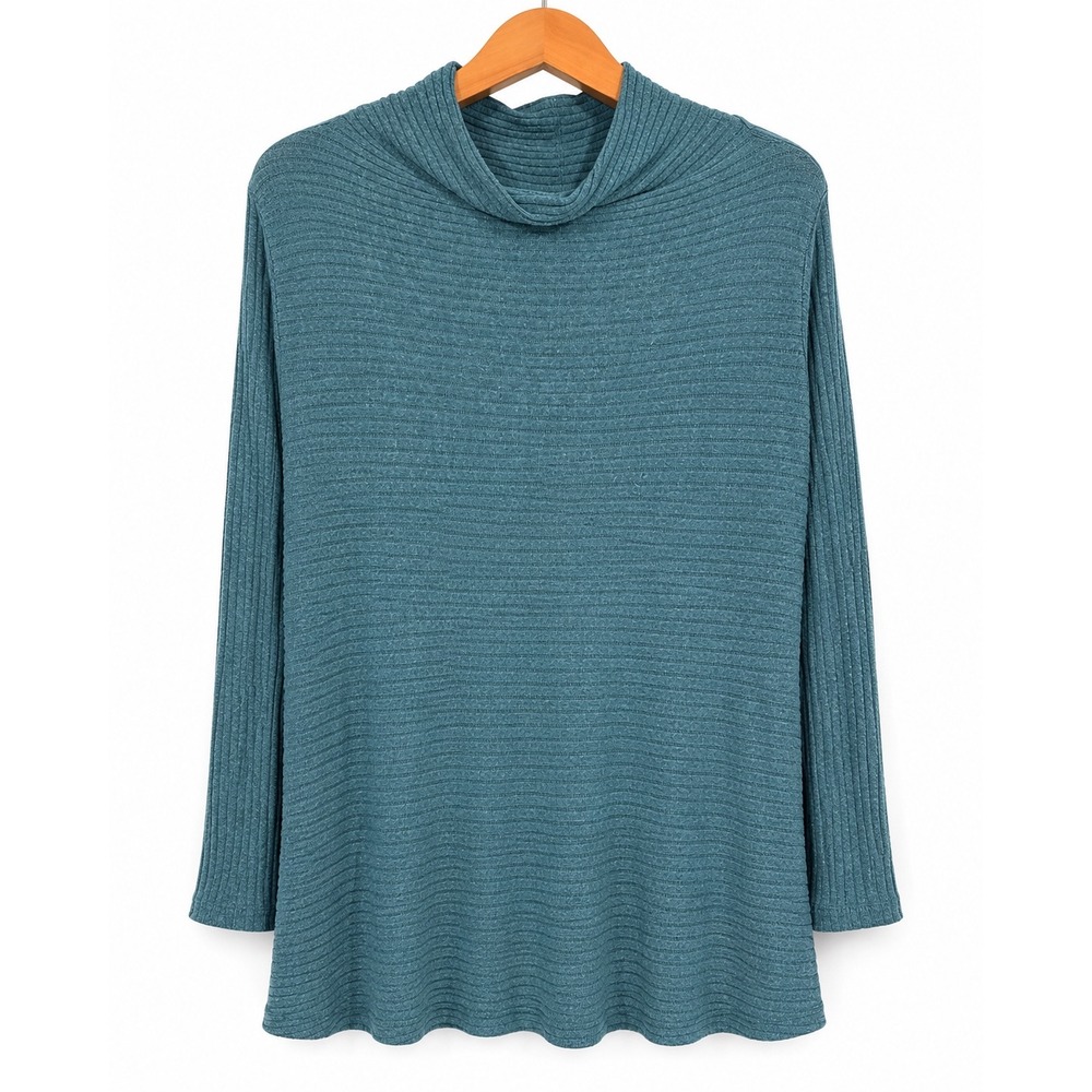 We The Free People Teal Ribbed Cowl Neck Split Back Tunic Top Medium